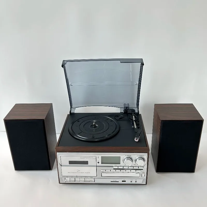 Retro Multifunctional Vinyl Record Player with Bluetooth Audio Turntable CD Tape Support Luxury Desktop Small Music Player