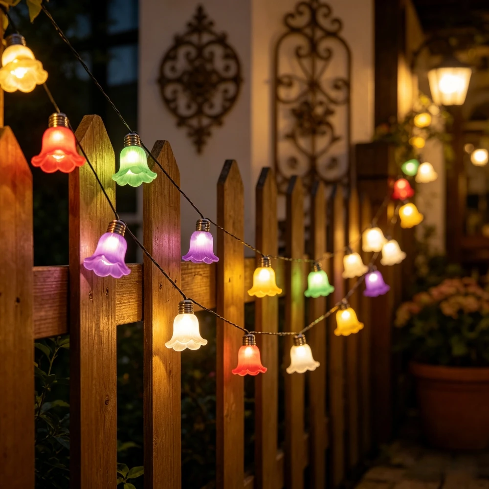 Solar Ballet Skirt Bell Flower String Lights, Morning Glory Trumpet Flower String Lights for Outdoor Patio Fence Garden Decor