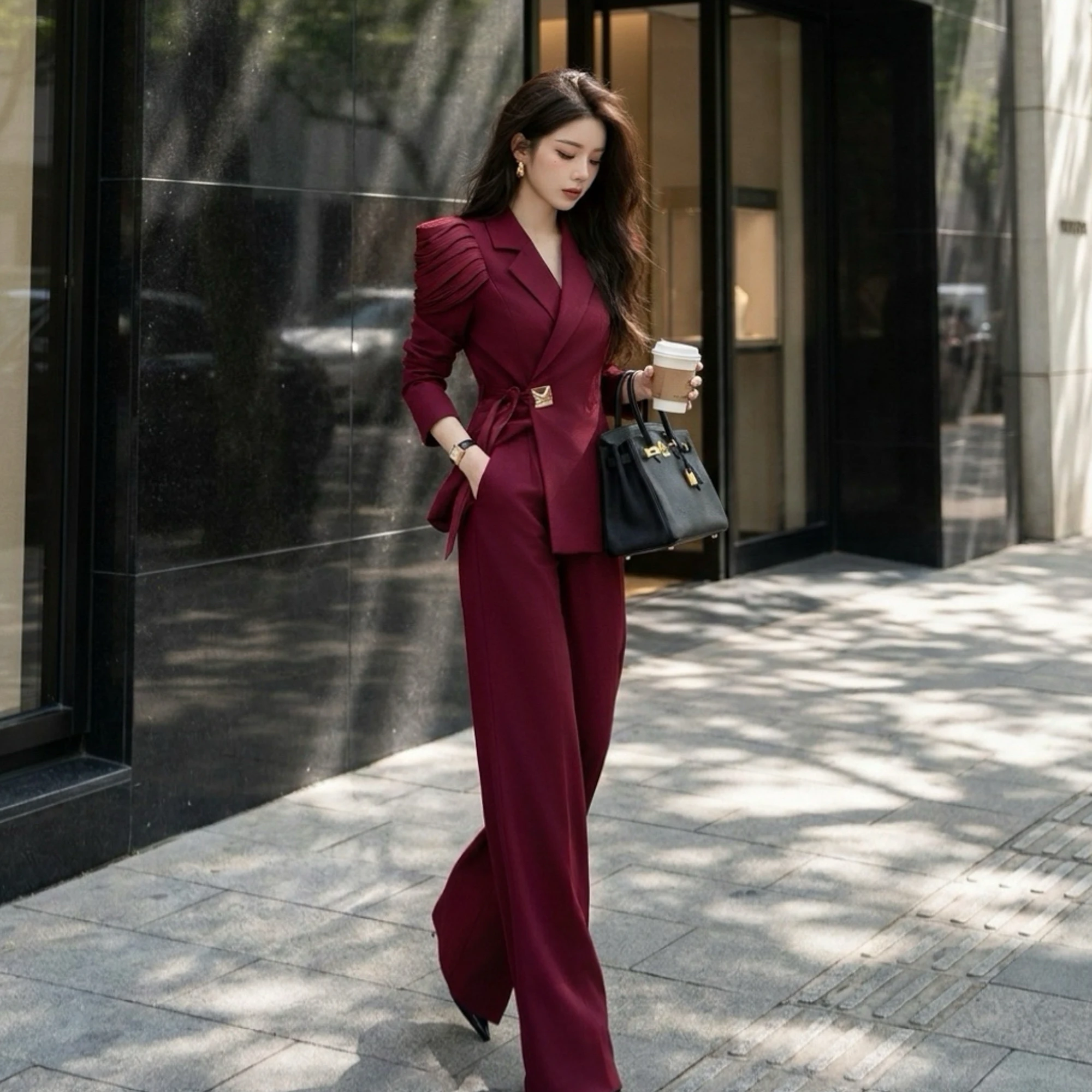 Elegant Women Blazer Suit Set Ruched Padded Shoulder Blazer Jacket+ High Waist Wide Leg Pants Office Lady  Outfits DM3CSE023
