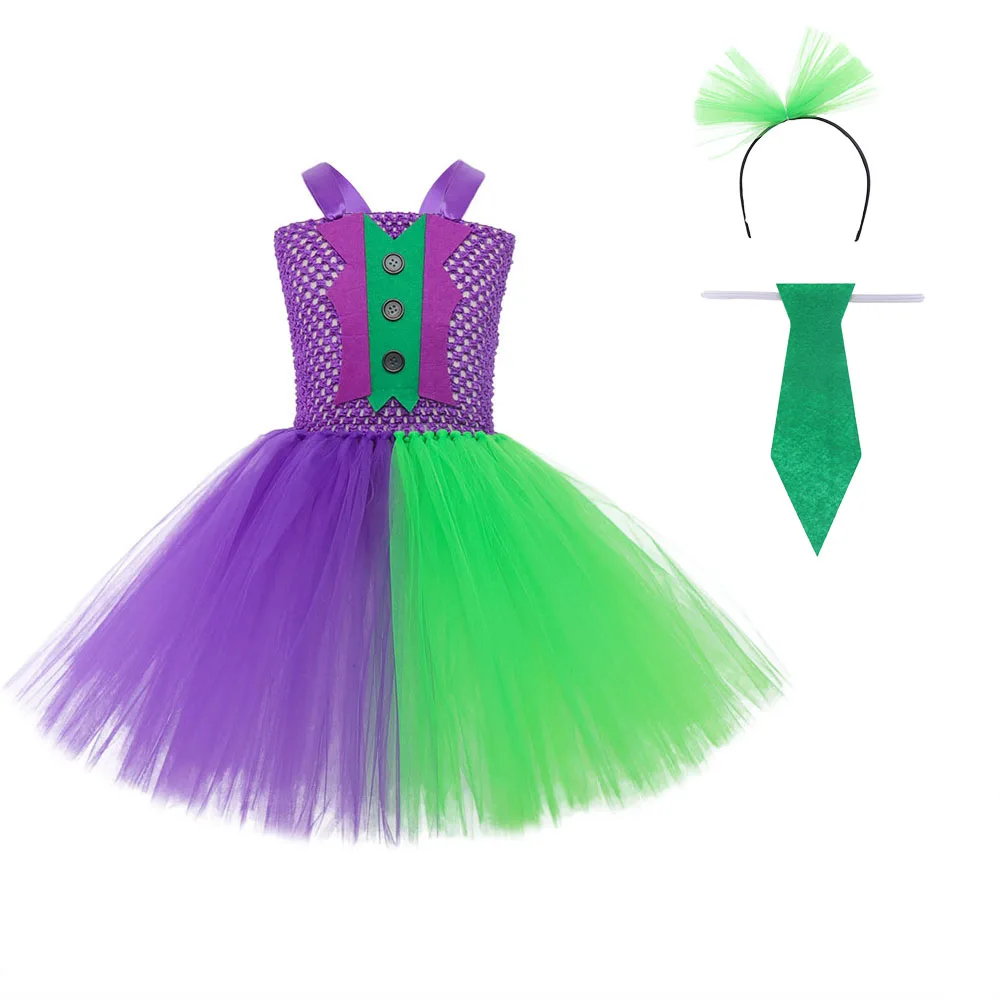 Kid Purim Cute Naughty Clown Costume Purple Green Circus Cosplay Carnival Halloween Fancy Party Dress Tulle Girls Tutu Dress