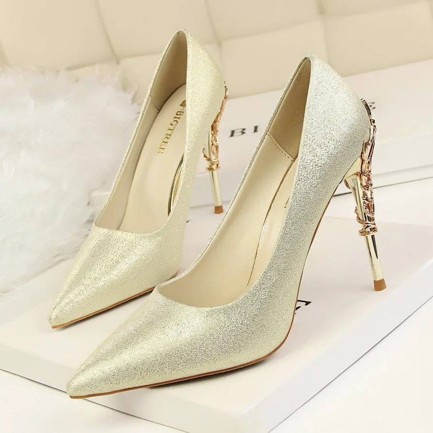 Woman 10cm High Heels Metal Heels Satin Silk Dress Fashion Pumps Lady Wedding Bridal Scarpin Catwalk Orange Green Wine Red Shoes