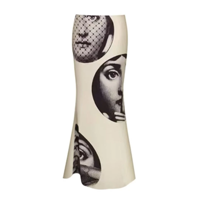Women's Spring Summer Elegant Portrait Print Mermaid Skirt Lady Vintage High Waist Slim Long Fishtail Skirt