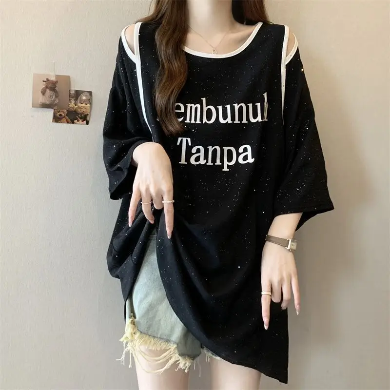 Trend Hollow Out Off Shoulder Tops Tees Summer New Short Sleeve Letter Printing Loose Casual T Shirts Fashion Y2K Women Clothing