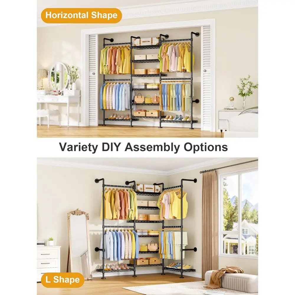 Perchero M6 de pared resistente con 8 estantes y 4 perchas, 68,5 ancho x 11,8 profundidad x 86,6 alto, negro, capacidad para 1064 libras