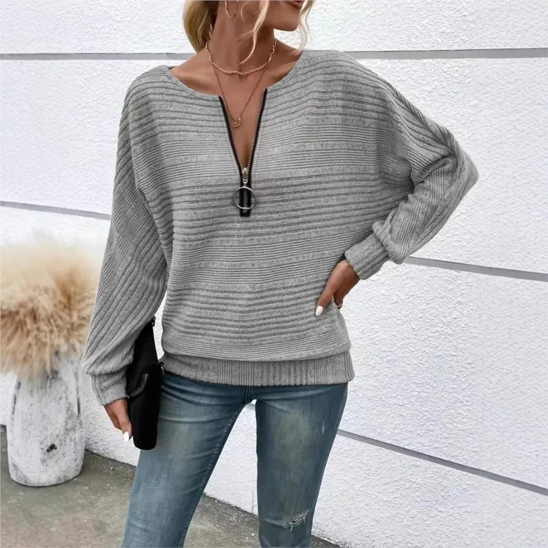 T-shirt à manches longues et fermeture éclair pour femme, Streetwear, décontracté, couleur unie, nouvelle collection automne et hiver