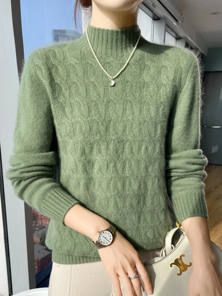 

Autumn Winter Women Merino Wool Thickening Sweater Mock Collar Twisted Pullover Cashmere Knitwear Long Sleeve Bottoming Tops