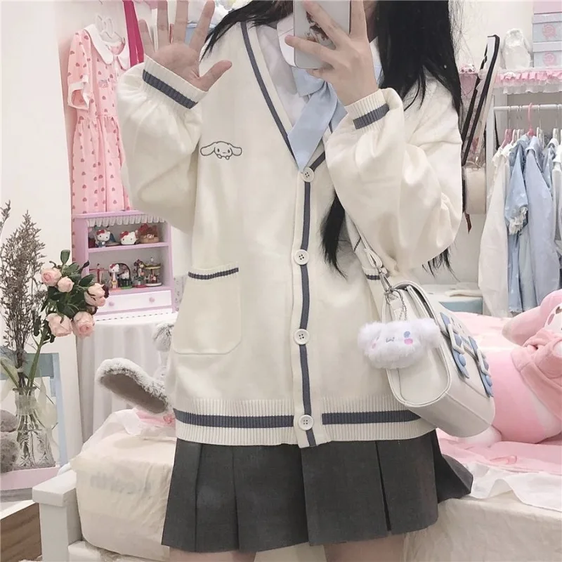 Melody Japanese JK Uniform Cute Soft Girl Loose Cinnamoroll Embroidered Long Sleeve Cropped Cardigan Student Knitted Cardigan