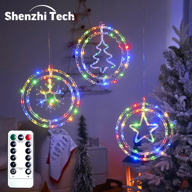 Christmas LED Light String, Battery Powered Double Round Pendant Light with Remote and Timer, Holiday Lamp for Home Decoration