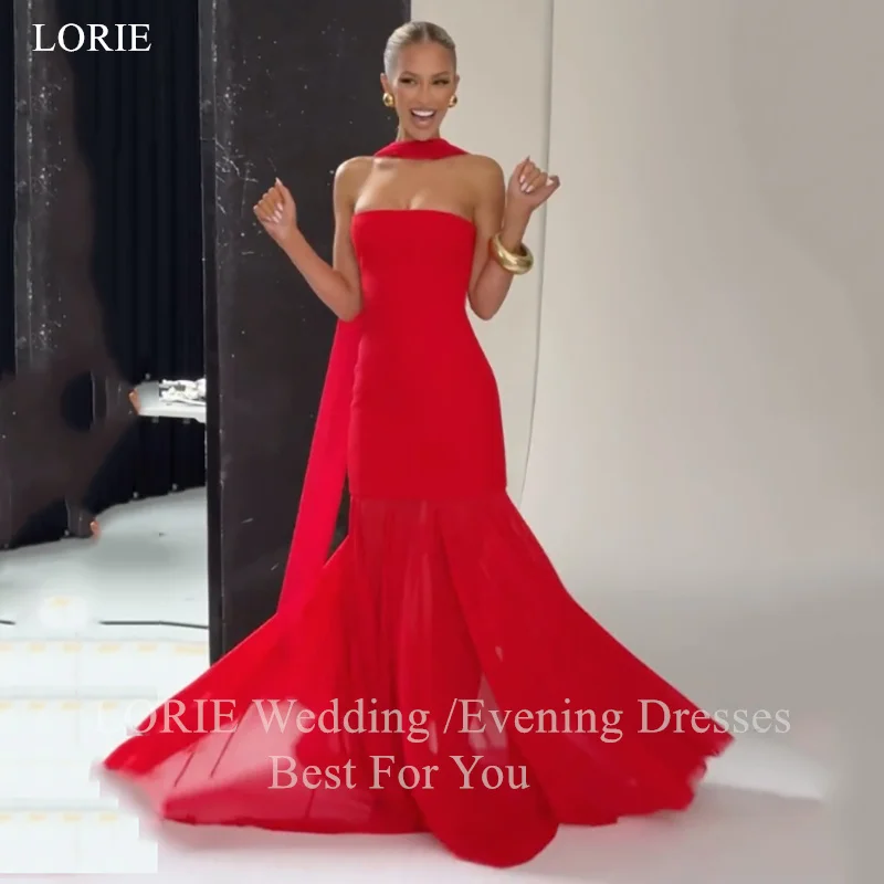 

LORIE Chic Red Chiffon Evening Dresses Strapless Sleeveless Ribbons Party Dress Floor-Length Prom Gowns Customized