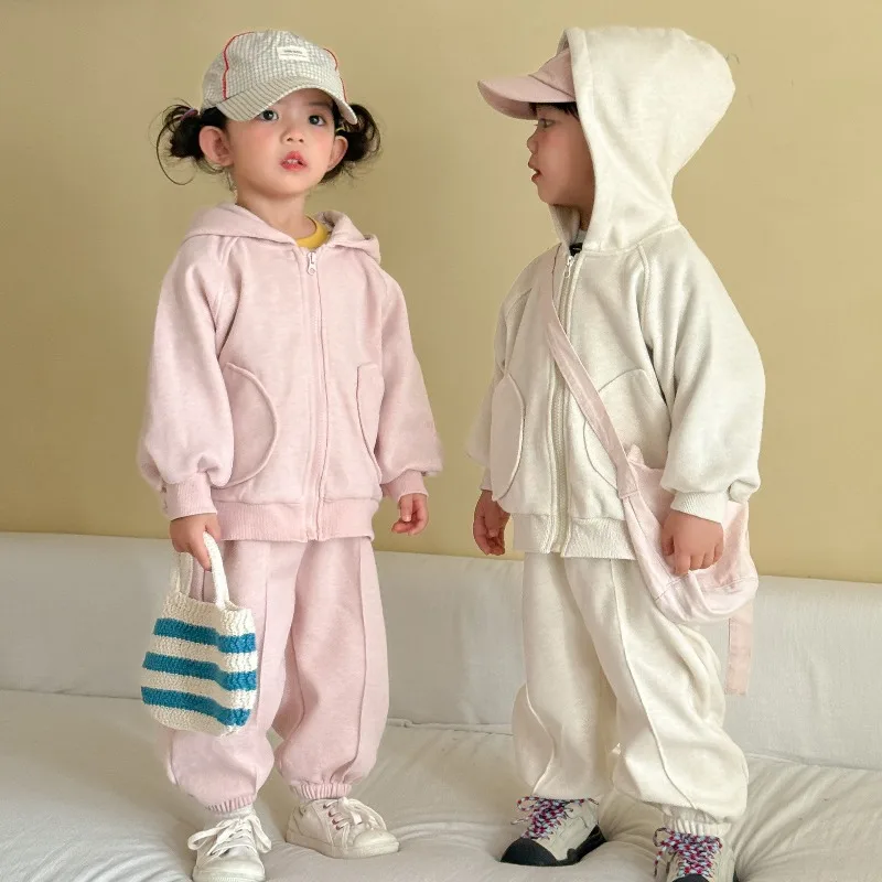 Autumn Children Siblings Outfit Bellbell Solid Zipper Toddler Kids Girls Hooded Coat Suit Elastic Waist 1-10T Boy Pant 2PCS Set