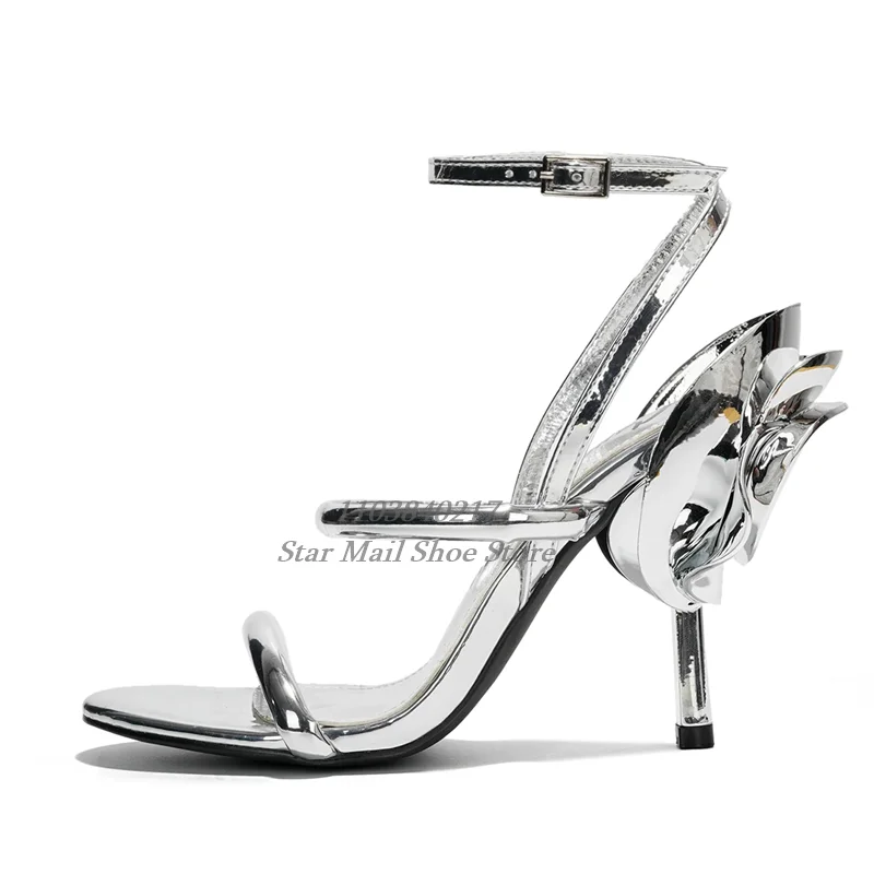 Concise One Strap Peep Toe Sandals with Flower Decoration On the Heel Patent Leather Glossy Stiletto Heels Tower Buckle Pumps