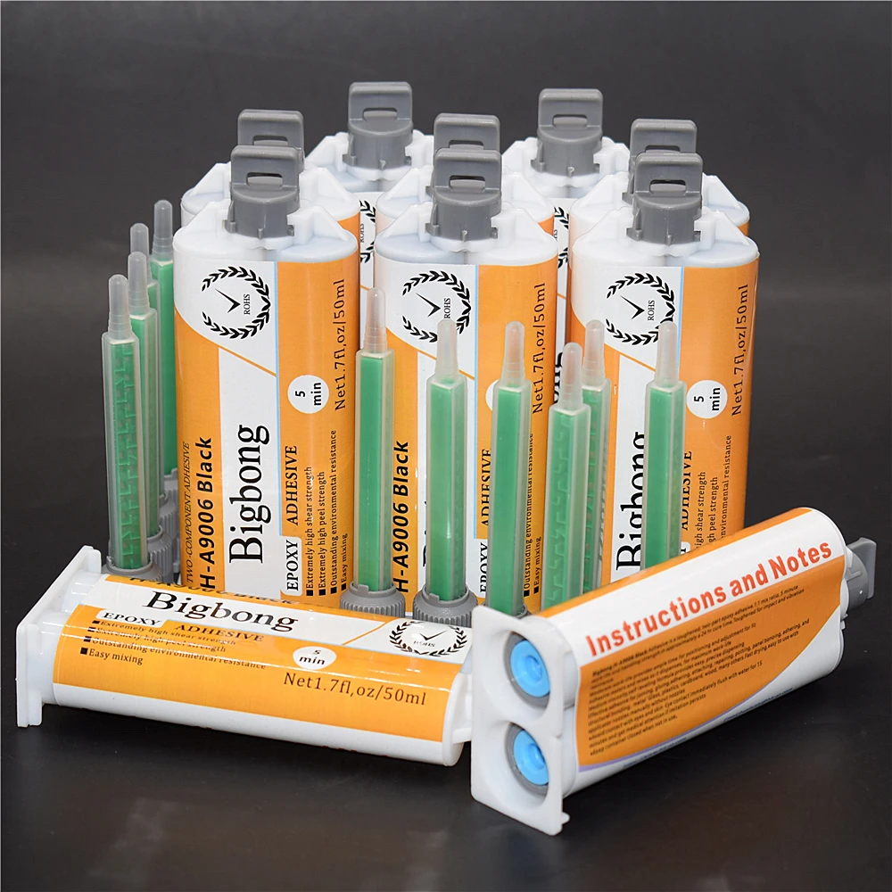 Colla per resina epossidica da 10 pezzi 50ml Adesivi forti a due componenti Colle AB nere 1:1 con ugelli di miscelazione statici da 10 pezzi Tubo misto 1:1