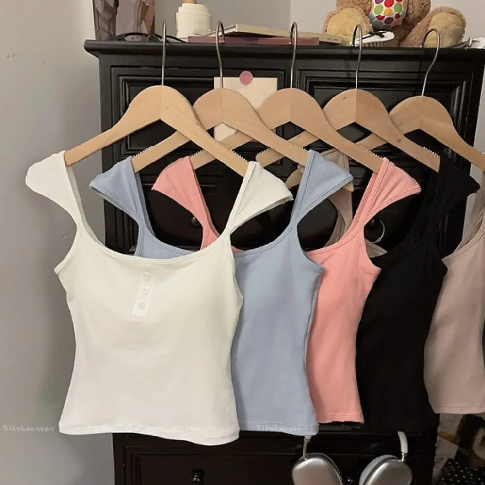 

Ins Square Neck Sleeveless Crop Top Vest Simple Sweet Girl's Tank Top Slim Fit Female Clothing Camisole with Pads Women