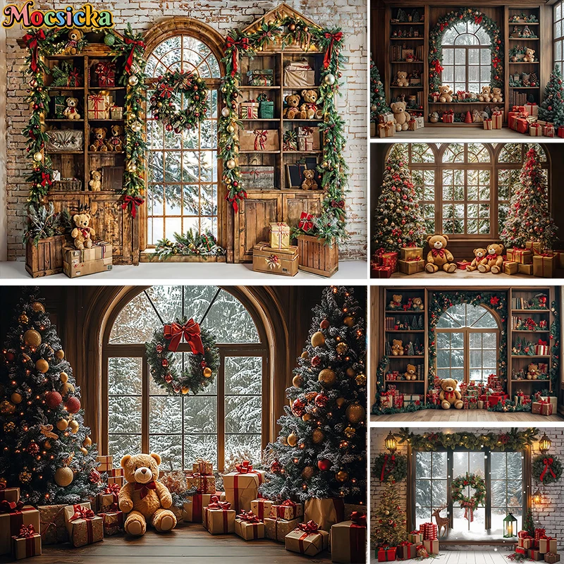 

Mocsicka Winter Christmas Window Photography Background Gifts Xmas Tree Kids Family Holiday Portrait Decor Backdrop Photo Studio