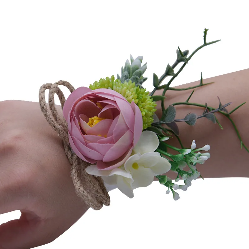 Blauwe Kunstmatige Roze Bloemen Pols Corsage Bruidsmeisje Huwelijksfeest Huwelijk Accessoires Novia