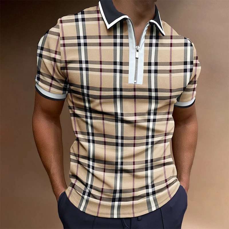 2022 Vintage Summer New Fashion Trend Fitness Casual Simple Polo Shirts Men Zipper Color Block Sports Patchwork Top Man Clothing