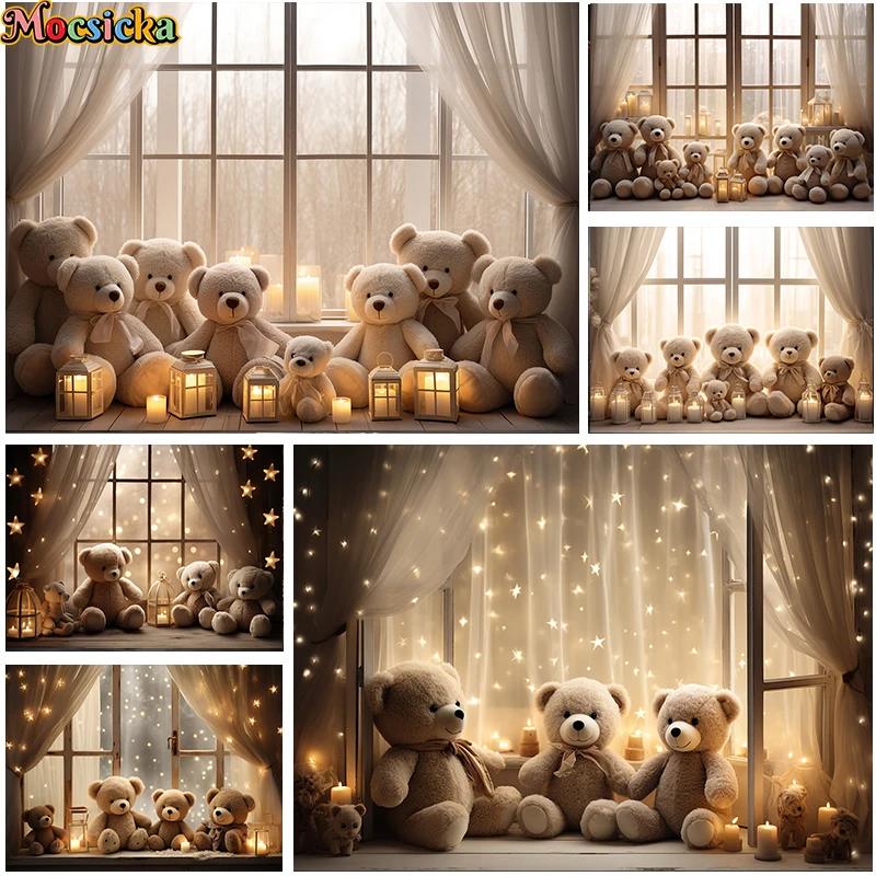 Mocsicka Photography Background Cute Bear Door Window Glitter Decor Kids Birthday Cake Smash Portrait Backdrop Photo Studio