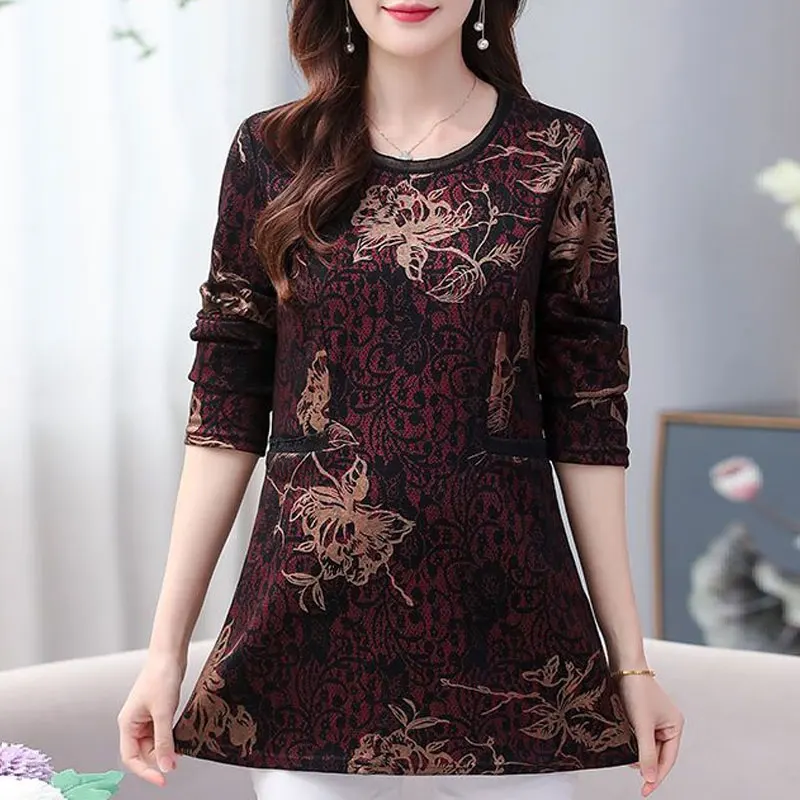 Fashion Lace Spliced Pockets Pullovers Spring Autumn O-Neck Women\'s Clothing Long Sleeve Vintage Floral Printed Midi T-shirt New