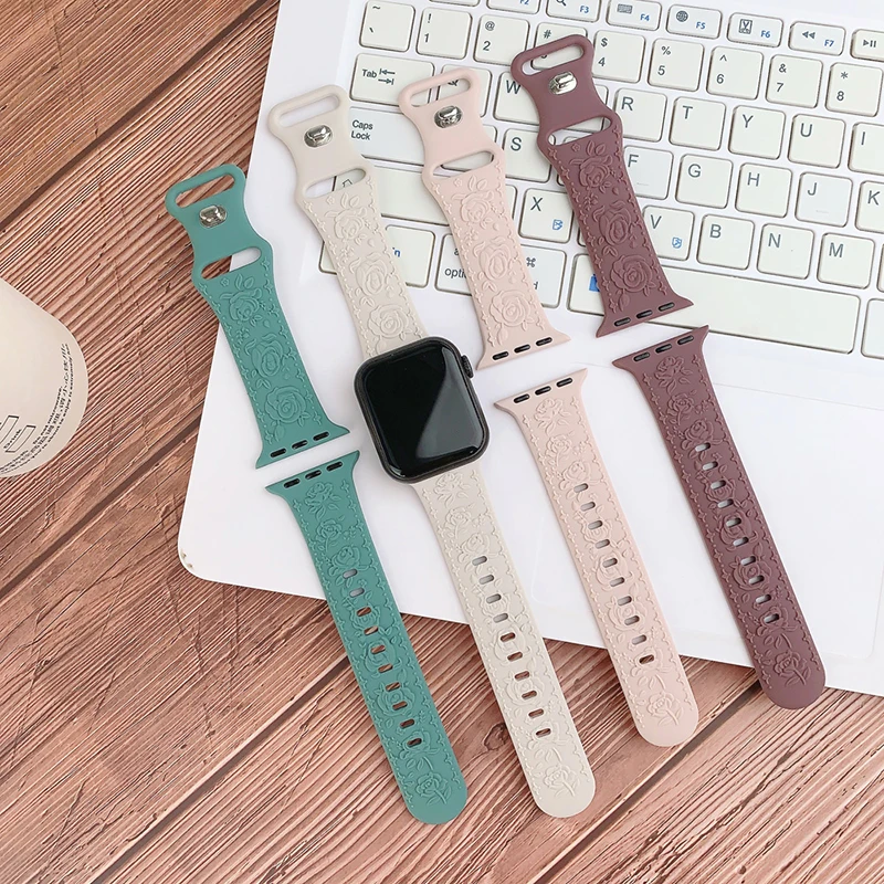 Flower Engraved Strap For Apple Watch Band 44mm 45mm 41mm 40mm 49mm 46mm 42mm Bracelet iwatch Series 11 10 SE 9 8 7 6 5 Ultra 2