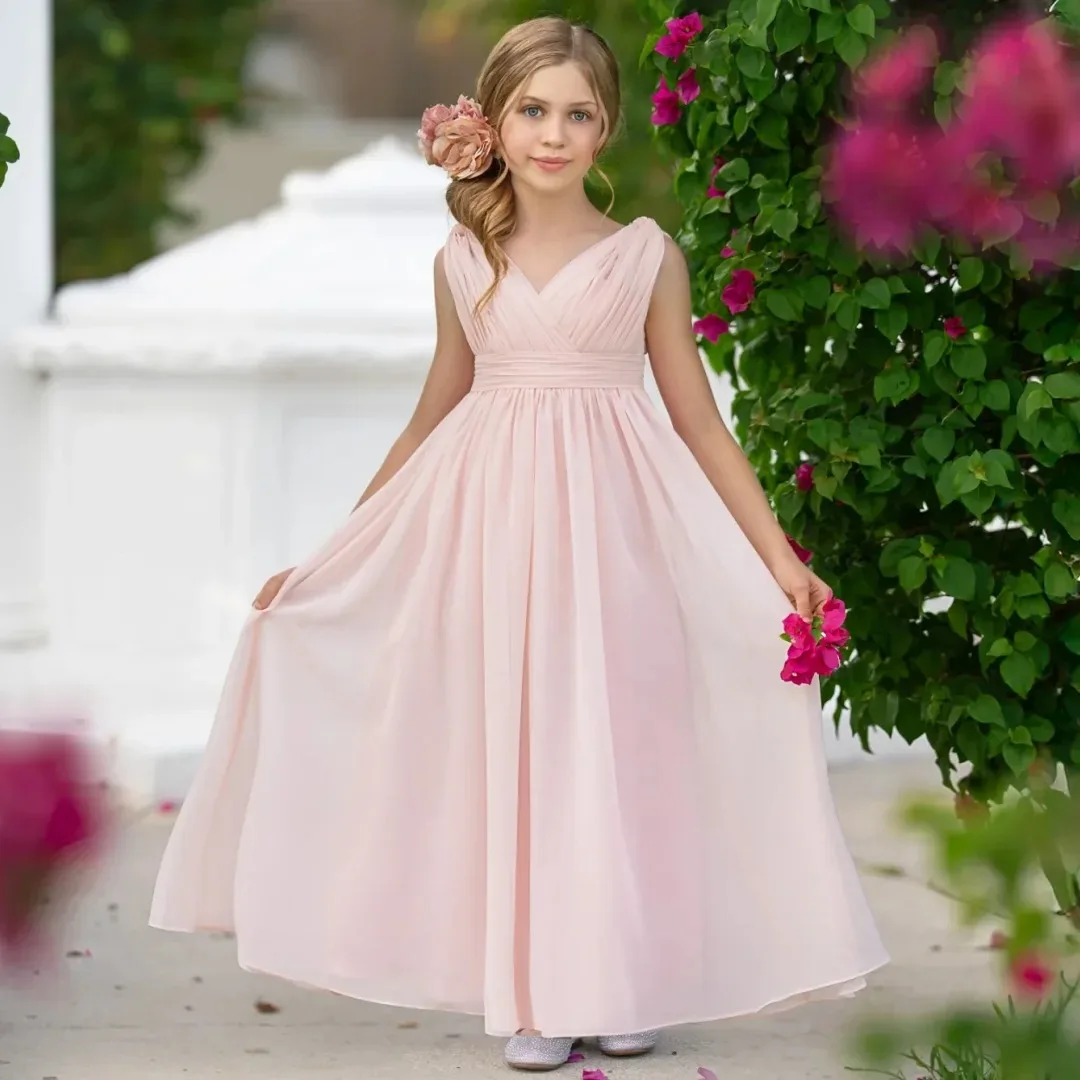 Custom Flower Girl Dress Pink Chiffon Solid Color Pleated Sleeveless Suitable for Weddings, Banquets, Princess Dresses, Birthday