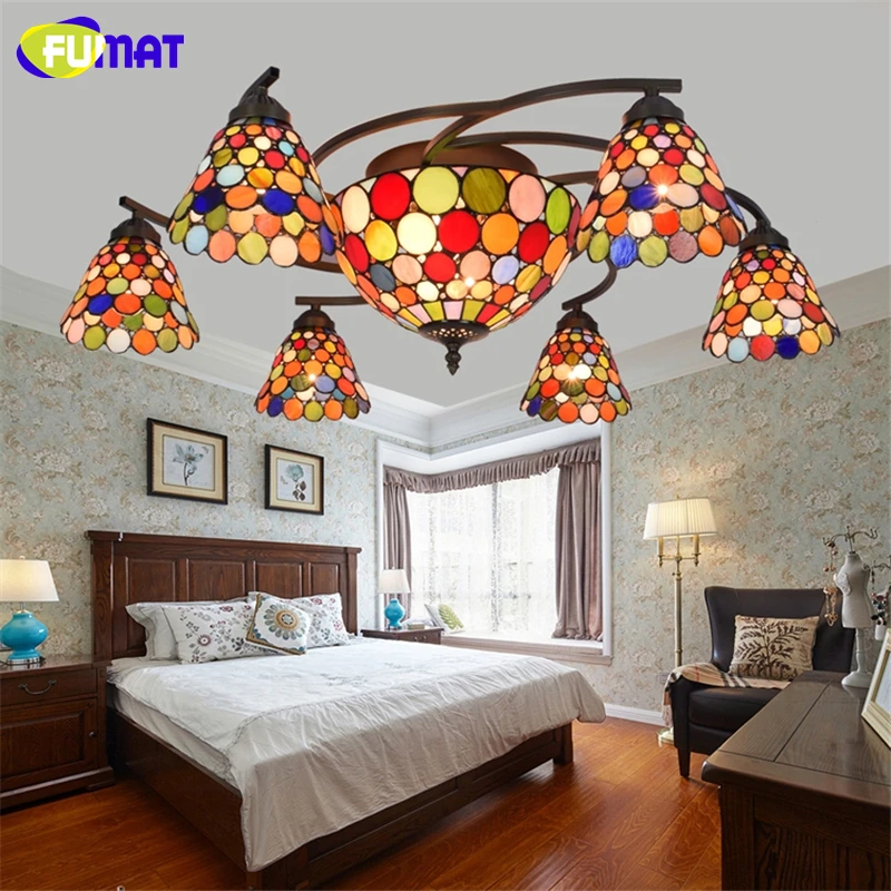 FUMAT Colour Stained Glass Ceiling Lamp Artistic Lights For Living Room Tiffany Hande Made Glass Art Light With Remote Control