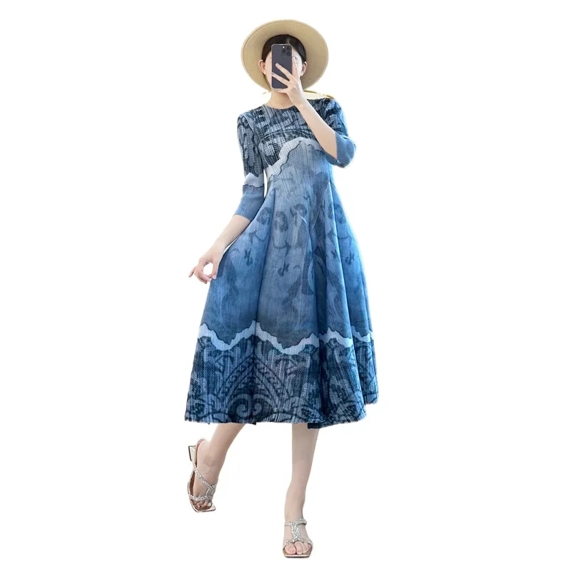 الراقية مياكي نمط مطوي فستان للنساء 2025 الخريف جديد تنوعا فضفاضة كبيرة الحجم المرأة زهرة برعم مطوي تنورة العصرية