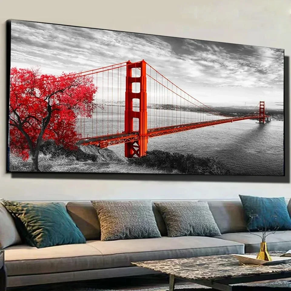 Full Diamond Mosaic Large California Golden Gate Bridge 5D Diamond Painting Black White Red San Francisco Diamond Embroidery