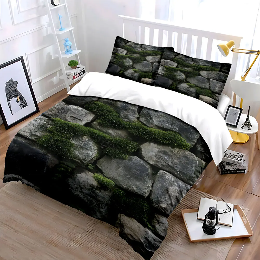Green moss on stone wall Print Bedding Set 1 Duvet Cover 2 Pillowcases for Adult and Children Luxury Gift Full Size