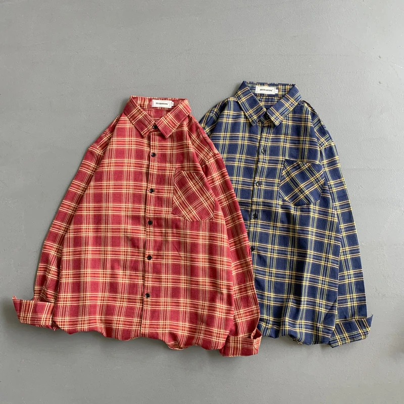 Tawaaiw American Retro Cotton Plaid Shirt Women Spring Tops Long Sleeve Korean Fashion Loose Button Up Blouse Chic Blousa Y2k