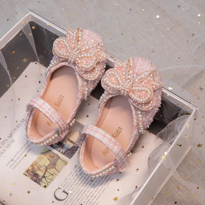 2023 New Simple Non-slip Girls Mary Janes Bow with Pearls Shallow Platform Elegant Princess Versatile Shoes Chic Free Shipping