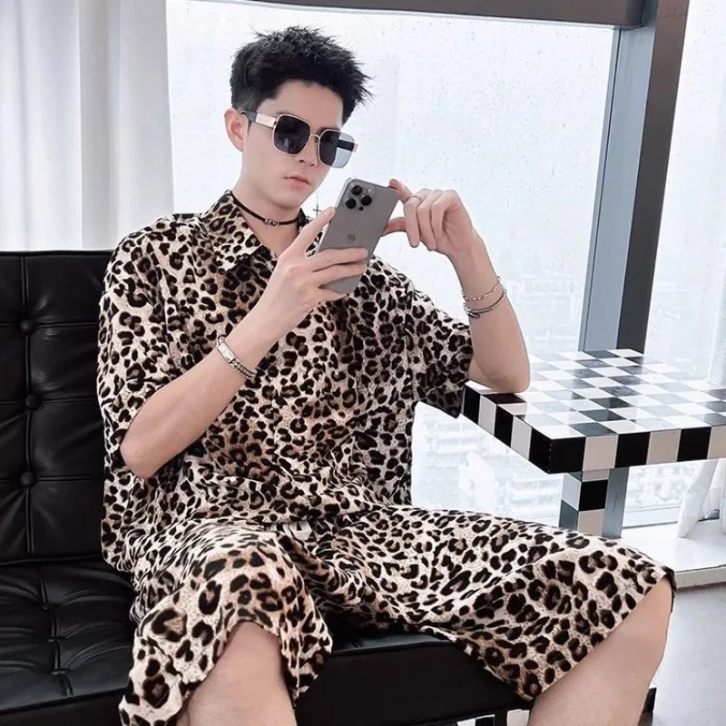 Summer Trendy Thin Leopard Print Short-sleeved Shirt Shorts Suit Men's Fashionable Casual Versatile Two-piece Set