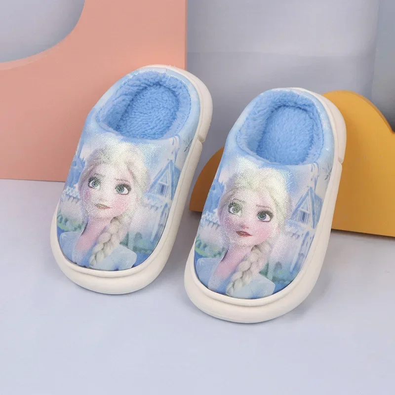 Disney Winter Cute Cartoon Non-slip Children\'s Plush Slippers Soft Sole Flip Flops Kids Girls Indoor Mule Warm Home Cotton Shoes