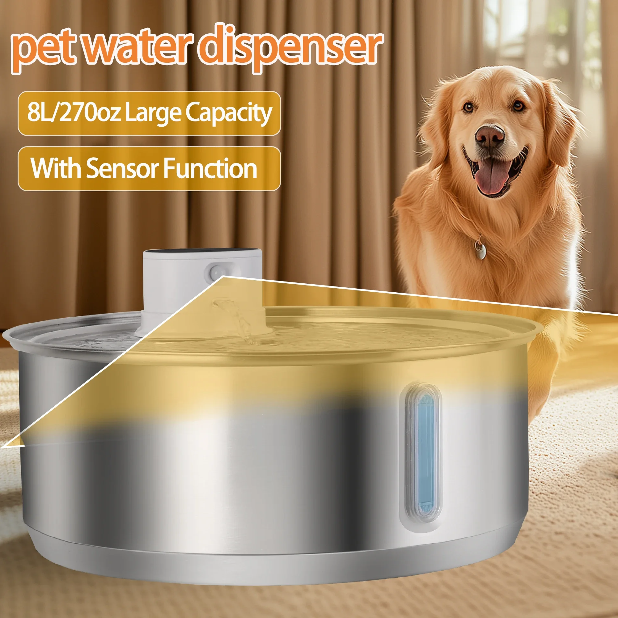 

8L Dog Water Fountain Automatic Sensor Stainless Steel Cat Water Fountain Multiple Pet Drinking Water Dispenser Accessories