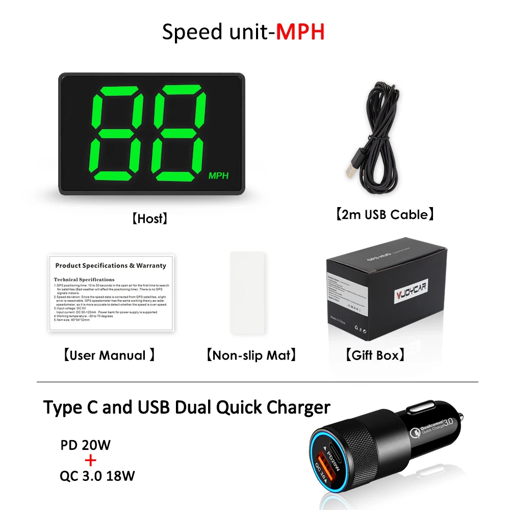Vjoycar Nieuwste GPS-snelheidsmeter voor alle auto's Plug and Play Groot lettertype Klein formaat Volledig scherm 2-kleuren auto-elektronica-accessoires