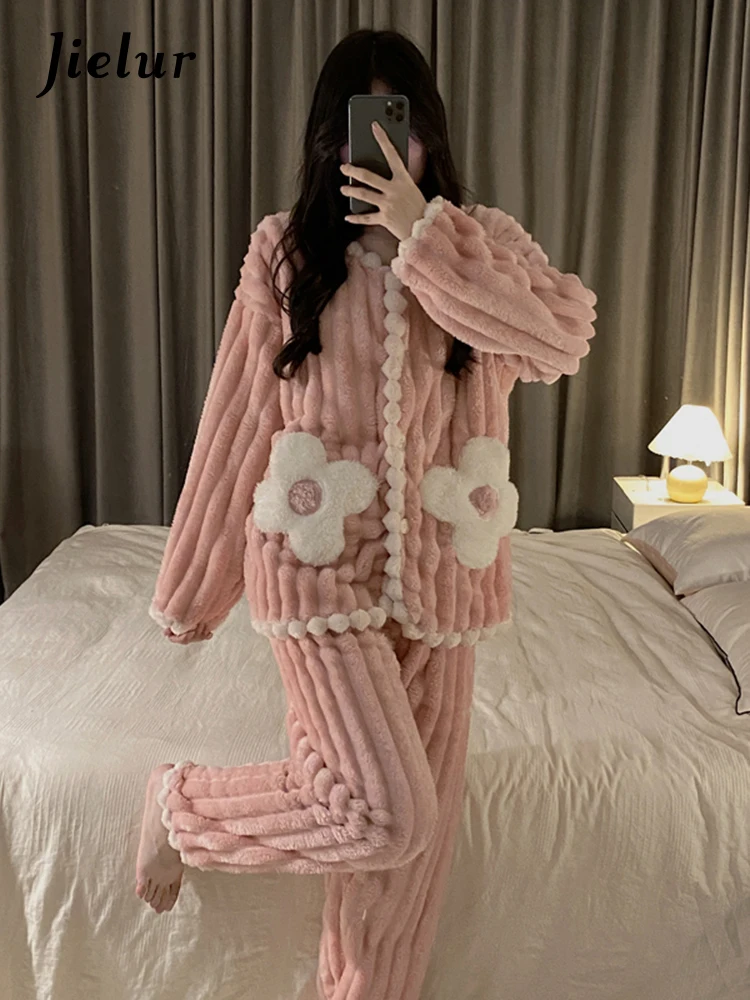 Jielur Winter New Flannel Pajamas for Women Sweet Solid Color Warm Flower Thickened Home Clothes Sleepwear Set Cardigans Suit