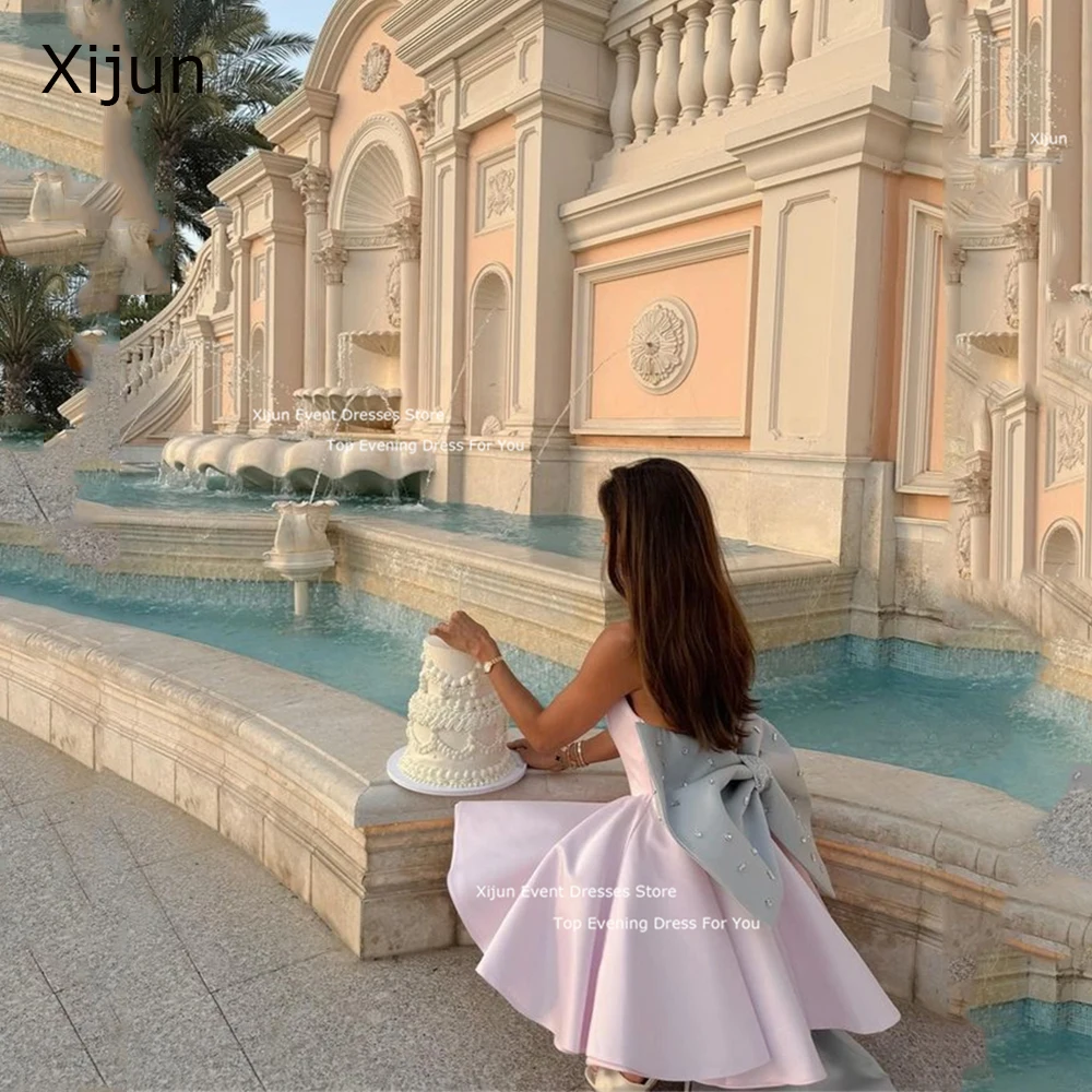 

Xijun Princess Pink Short Prom Dresses Bow Train Crystal A-Line Evening Dresses Sleeveless Formal Occasion Luxury Birthday Party