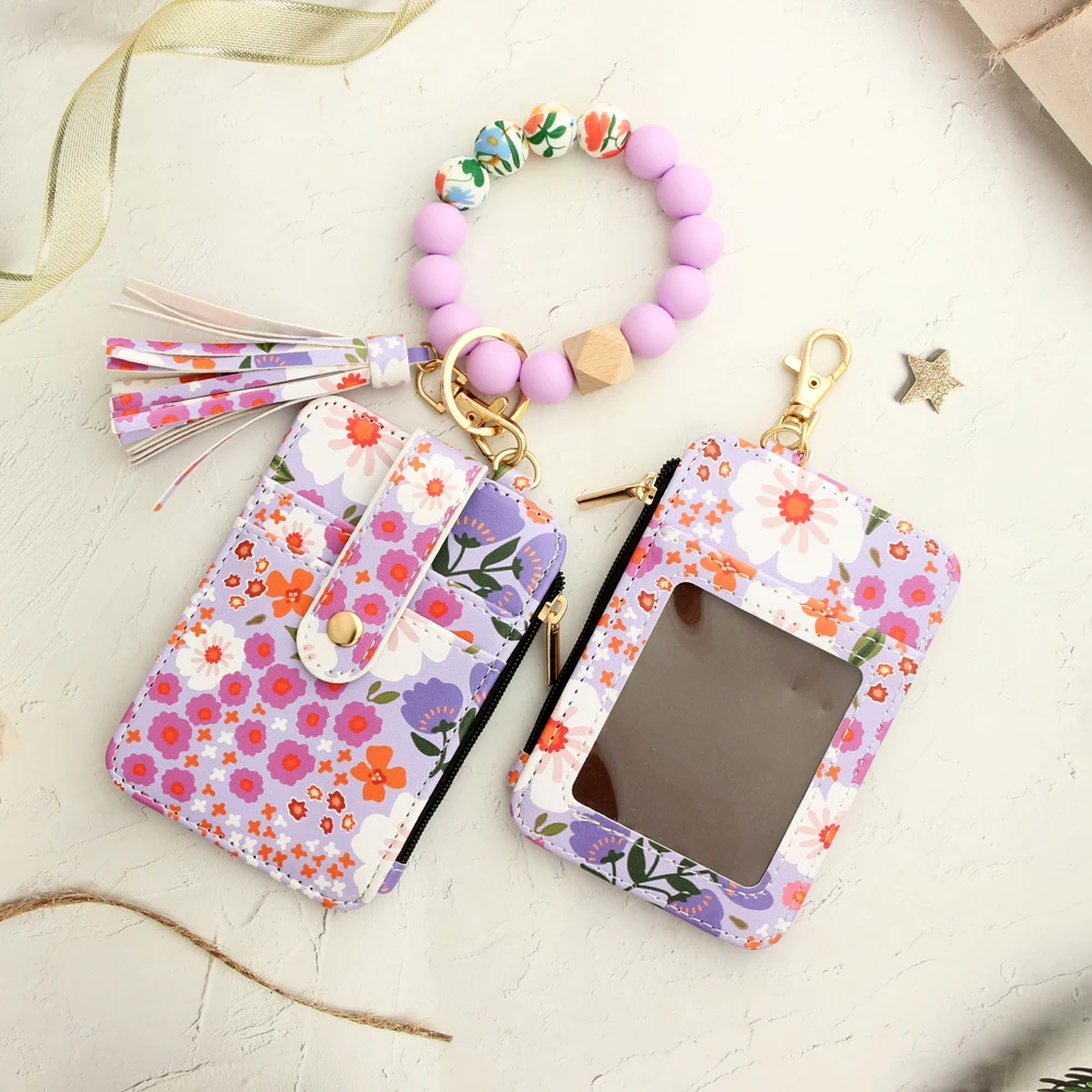 2024 Silicone Bead Bracelet Leather Card Bag Wristlet Keychain Silicone Bracelet Wallet Bangle floret Printed Fragmented ID Bag