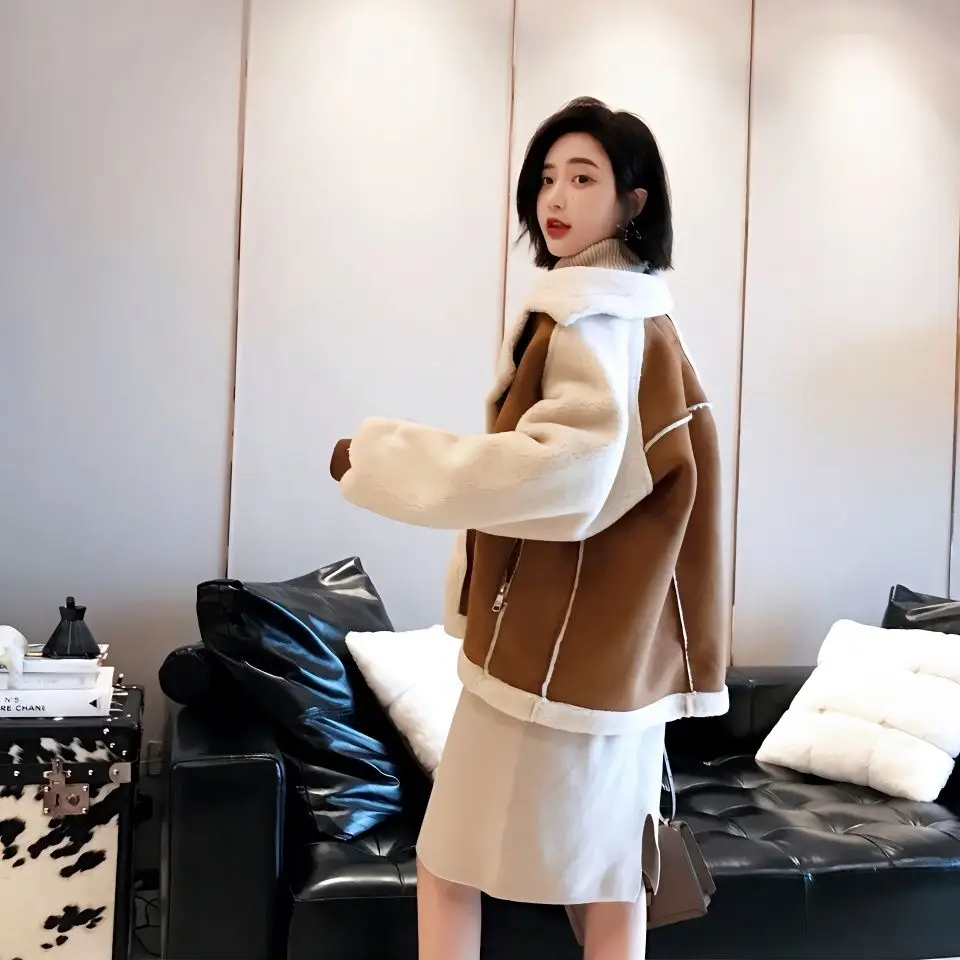 Women's Winter Unique Elegant Loose Comfortable Lamb Hair Versatile and Fashionable Large Polo Collar Faux Fox Fur Coat F363