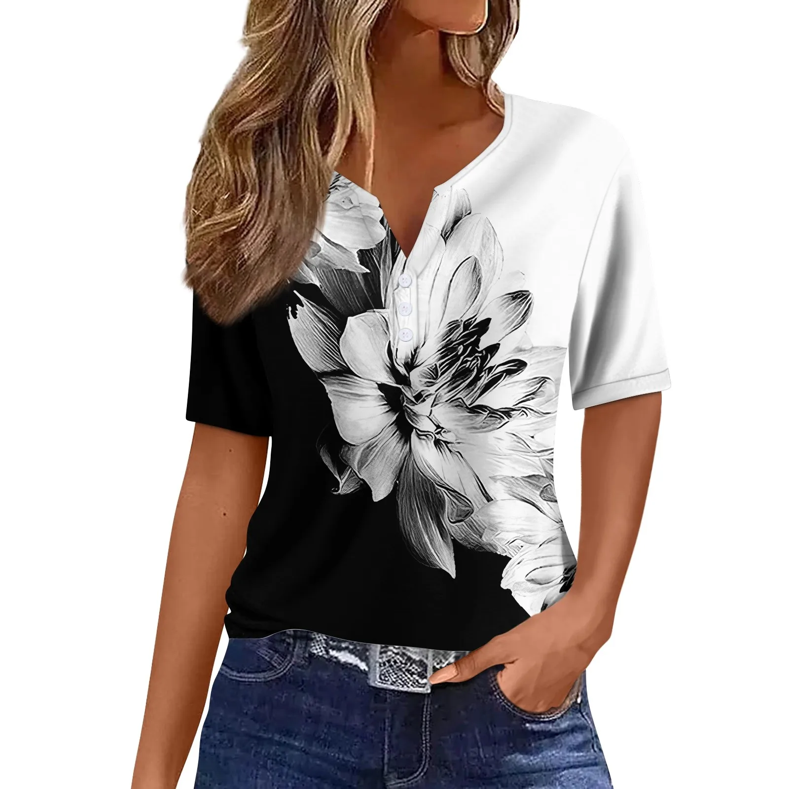 2024 Women Summer Casual T-shirts Fashion Printed Harajuku Top Tees Streetwear Basic Button Short Sleeve V-Neck Tops Plus Size