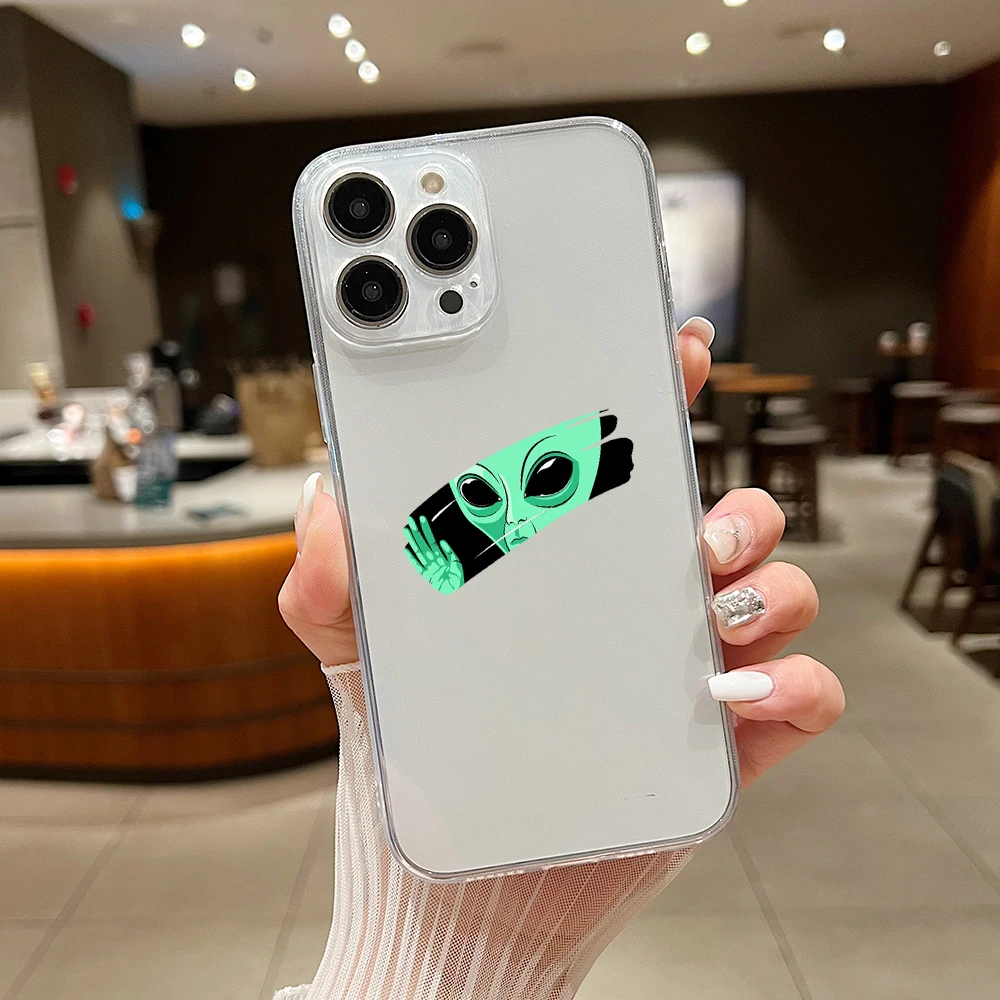Funny Aesthetics Cartoon Alien Space Phone Case For iPhone 15 14 13 12 11 Mini Pro Max X XR 7 8 Plus Transparent Cover