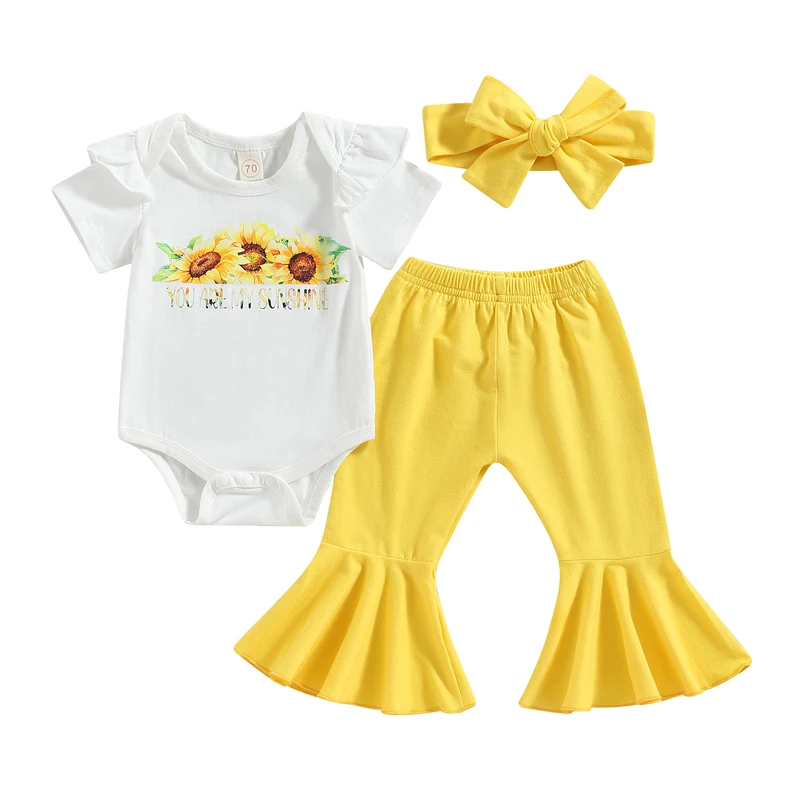 New Born Baby Girls Clothing Set 3Pcs Round Neck Short Sleeve Sunflower Print Romper with Flare Pants and Headband Outfits