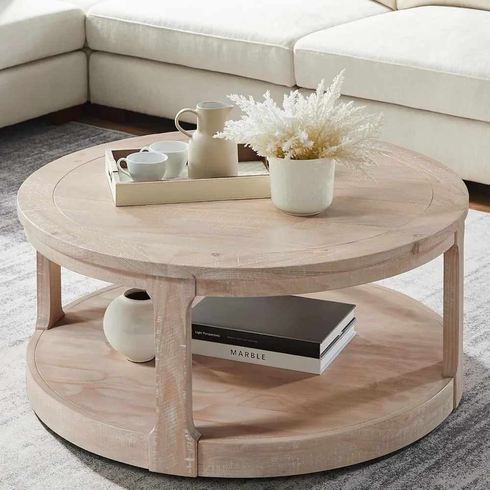 Coffee Table Round Wood Oak Coffee Tables for Living Room Modern Circle Center 2-Tier Solid Desktop Minimalistic