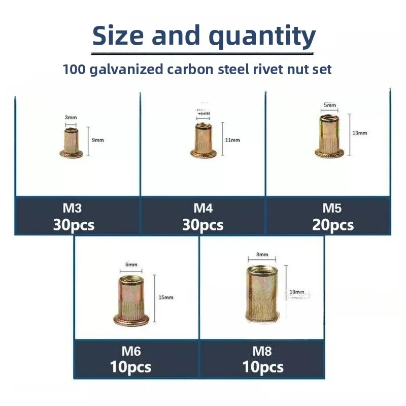 100 قطعة محاصر برأس مسطح عمودي الأخدود المكسرات ، المسامير ، الكربون الصلب اللون-الزنك مطلي برشام أعمى المكسرات M3-M8 مجموعة #6