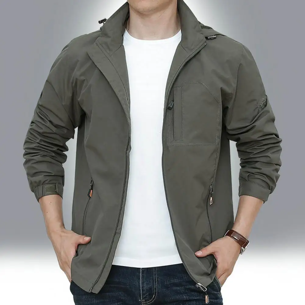 

Korean Men Spring Autumn Jacket Coat Hooded Zipper Pockets Thin Windproof Sport Jacket Outwear