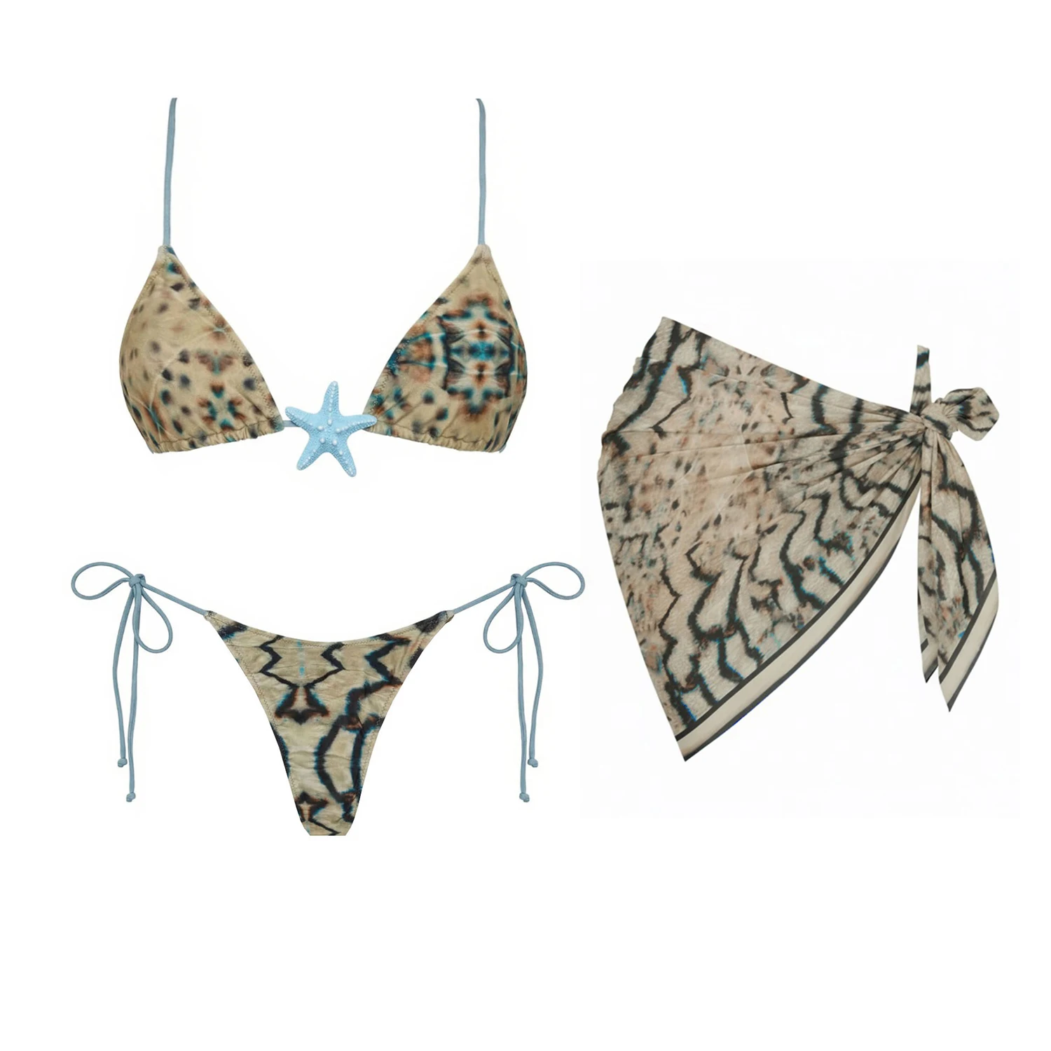 

Комплект бикини-бандо из 3 предметов 2026: Сексуальный женский купальник, пляжная накидка, микро-бикини, пляжная одежда, купальный костюм с принтом