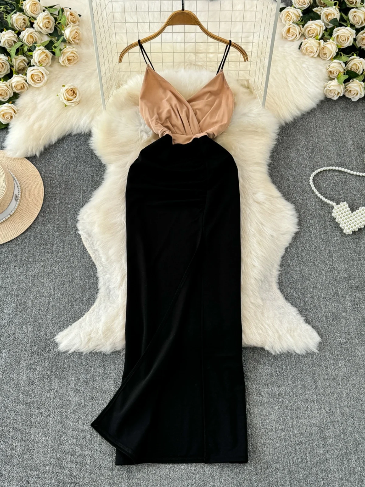 Einzigartige Strapl Farbe Blo Hohe Taille Lange Dr Koreanische Sle V Ne Schlitz Sexy Sommer Neue Ankunft Bodycon Dr Rock