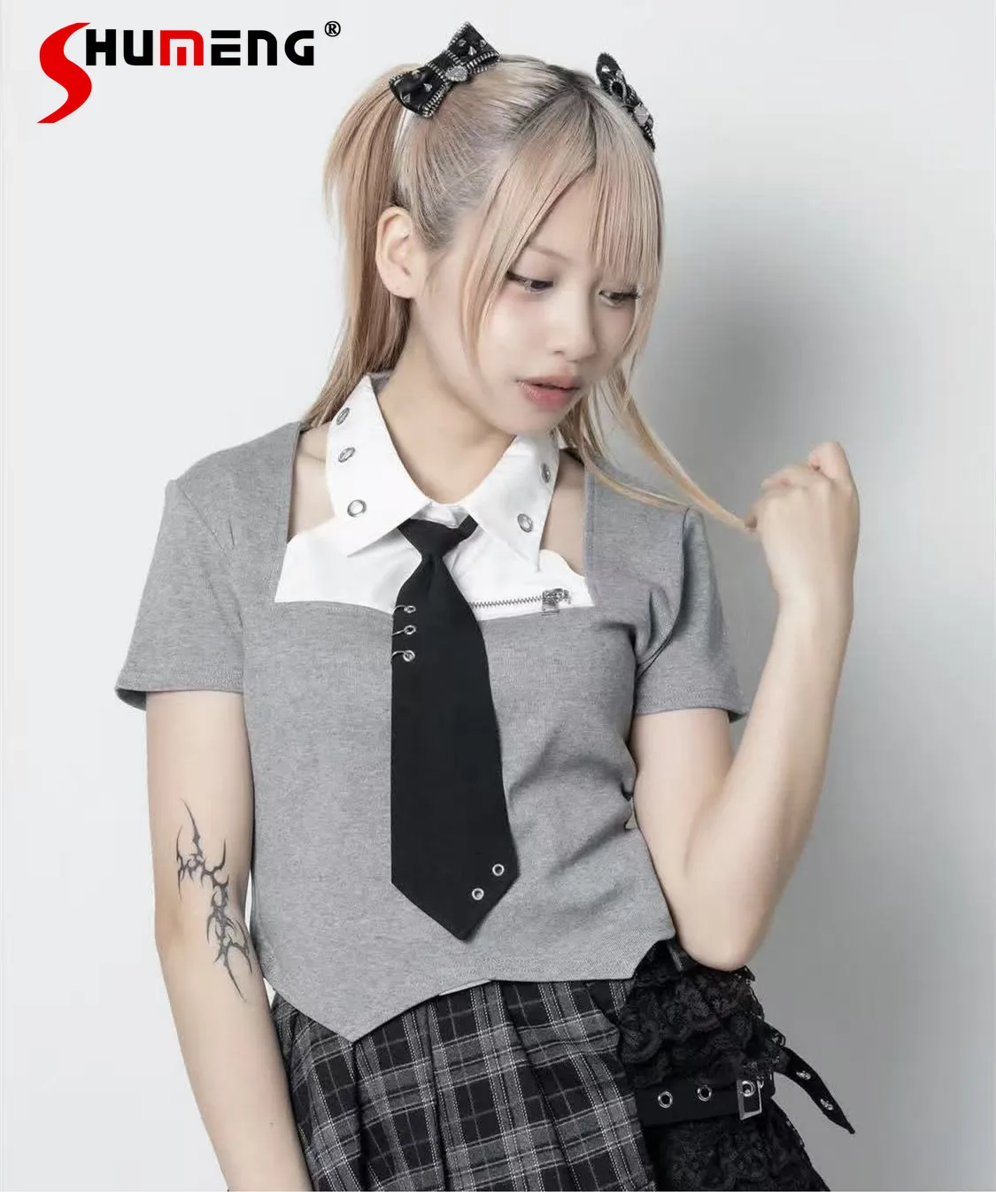 

Japanese Sweet Cool Punk Girls JK Shirt Top Hollow Polo Neck Short Sleeve Metal Ring Slim Versatile T-Shirt Women Summer 2026