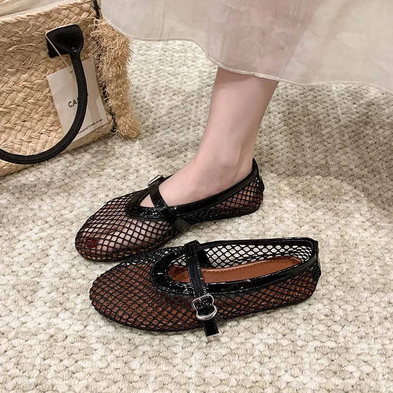 2026 Summer Women's Mary Jane Flat Shoes, New Round Toe Fishnet Hollow-Out Ballet Flats Comfortable Outdoor Walking Casual Shoes