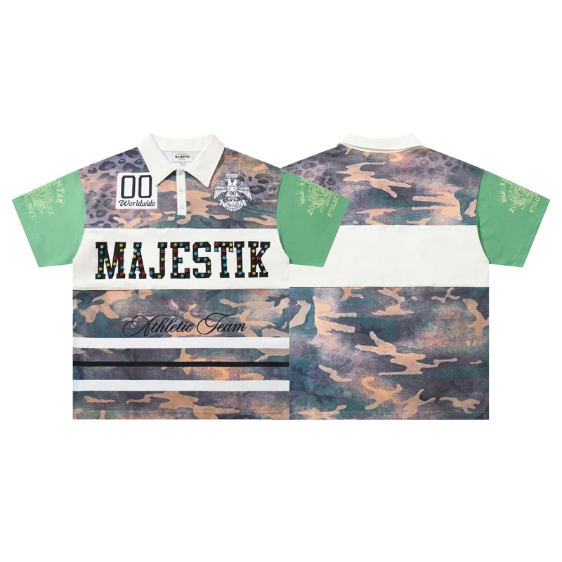 Camo Patchwork Color Block Short Sleeve Polo Rhinestone Accent Letter Print Retro American Casual Man Majestik T-shirts