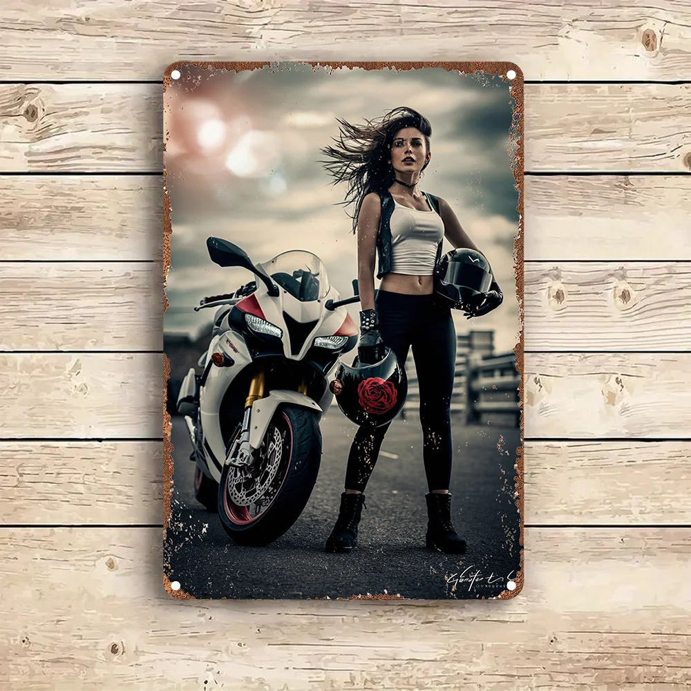 Vintage Metal Iron Sign Wall Art Decoration, Motorcycle and Female, Rural Tin Plate,  , for Garden, Bedroom, Garage